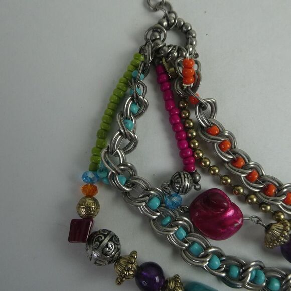 Silver Tone Multi Strand Bib Statement Necklace Beaded Colorful Boho Funky Fun - Picture 2 of 7